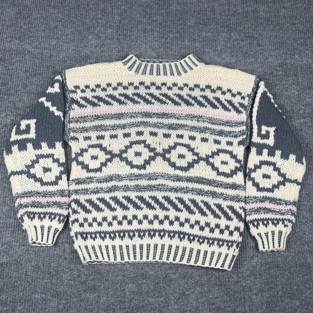 Vtg 80s Sweater Womens M Geometric Wool Blend Textured Chunky Knit Made in Korea